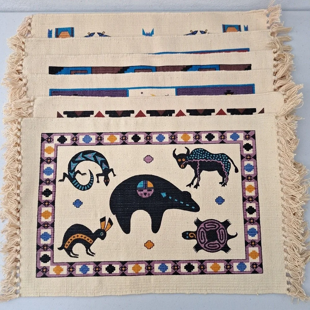 Vtg El Paso Saddleblanket Co Southwestern Woven Placemats Aztez Designs, 6 pc